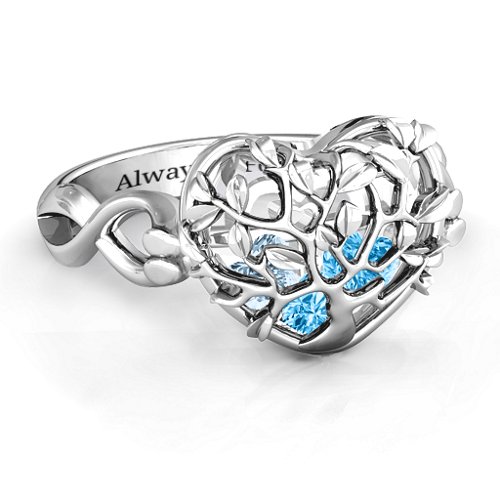 Family Tree Caged Hearts Ring with Infinity Band – Sterling Silver with Blue Topaz and Aquamarine