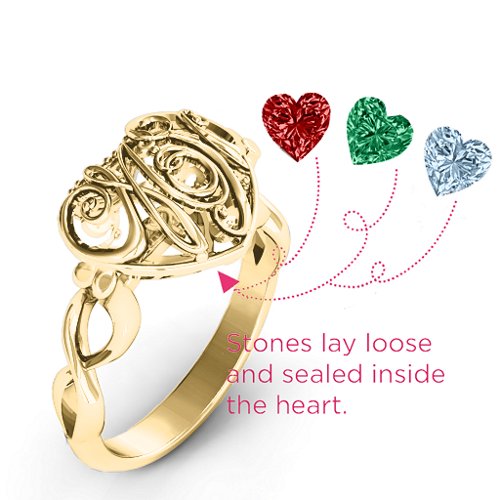 Cursive Mom Caged Hearts Ring with Infinity Band – 10K Yellow Gold with Garnet, Emerald, and Aquamarine