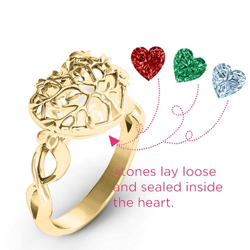 Family Tree Caged Hearts Ring with Infinity Band – 10K Yellow Gold with Garnet, Emerald, and Aquamarine