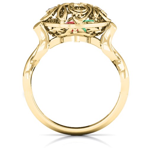 Cursive Mom Caged Hearts Ring with Infinity Band – 10K Yellow Gold with Garnet, Emerald, and Aquamarine