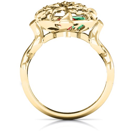 Family Tree Caged Hearts Ring with Infinity Band – 10K Yellow Gold with Garnet, Emerald, and Aquamarine