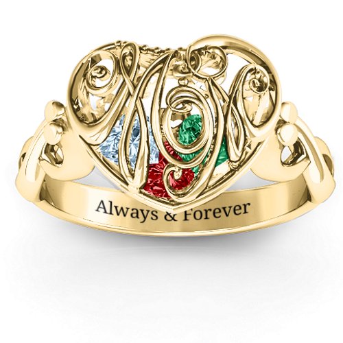 Cursive Mom Caged Hearts Ring with Infinity Band – 10K Yellow Gold with Garnet, Emerald, and Aquamarine