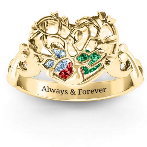 Family Tree Caged Hearts Ring with Infinity Band – 10K Yellow Gold with Garnet, Emerald, and Aquamarine