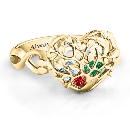 Family Tree Caged Hearts Ring with Infinity Band – 10K Yellow Gold with Garnet, Emerald, and Aquamarine