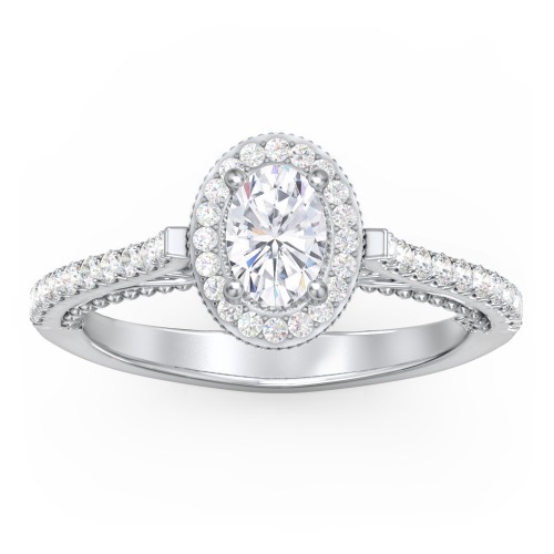 Classic Diamond Engagement Ring with Pave Accented Halo and Initial Setting - "The Brigitte" – 10K White Gold with Lab Diamond