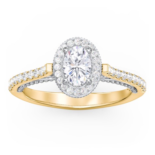 Classic Diamond Engagement Ring with Pave Accented Halo and Initial Setting - "The Brigitte" – 10K Yellow Gold with Lab Diamond
