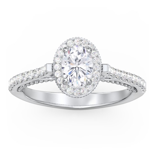 Classic Diamond Engagement Ring with Pave Accented Halo and Initial Setting - "The Brigitte" – 10K White Gold with Lab Diamond