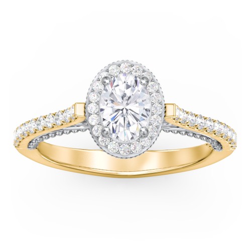 Classic Diamond Engagement Ring with Pave Accented Halo and Initial Setting - "The Brigitte" – 10K Yellow Gold with Lab Diamond