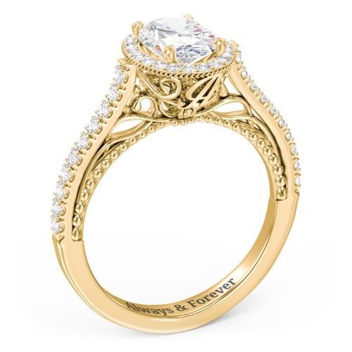 Classic Diamond Engagement Ring with Pave Accented Halo and Initial Setting - "The Brigitte" – 14K Yellow Gold with Lab Diamond