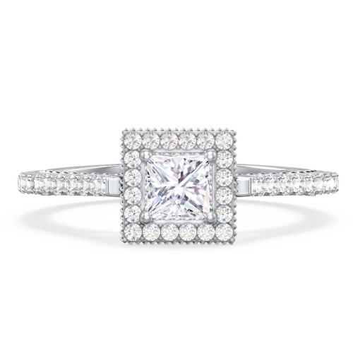 Classic Diamond Engagement Ring with Pave Accented Halo and Initial Setting - "The Brigitte" – 10K White Gold with Lab Diamond