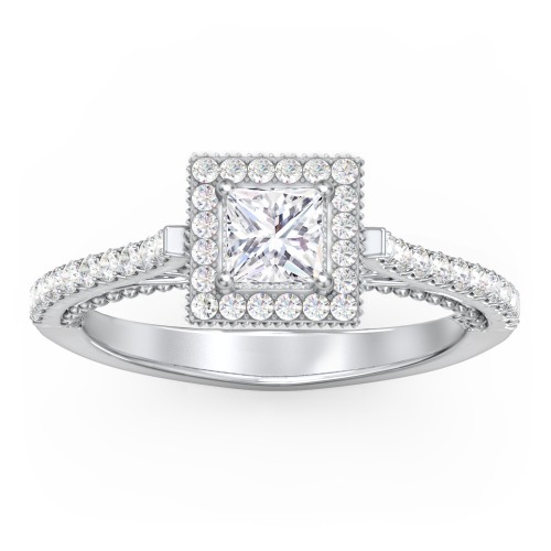 Classic Diamond Engagement Ring with Pave Accented Halo and Initial Setting - "The Brigitte" – 10K White Gold with Lab Diamond