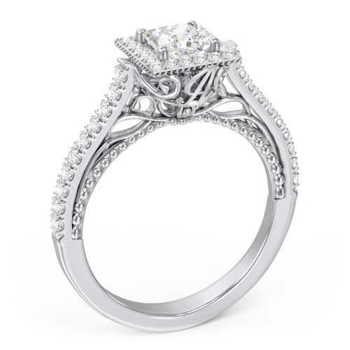 Classic Diamond Engagement Ring with Pave Accented Halo and Initial Setting - "The Brigitte" – 10K White Gold with Lab Diamond