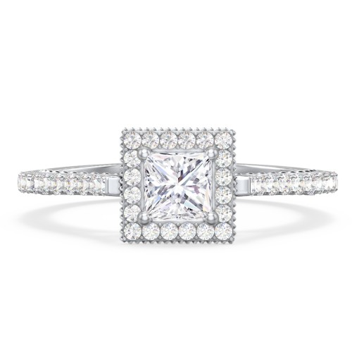 Classic Diamond Engagement Ring with Pave Accented Halo and Initial Setting - "The Brigitte" – 10K White Gold with Lab Diamond