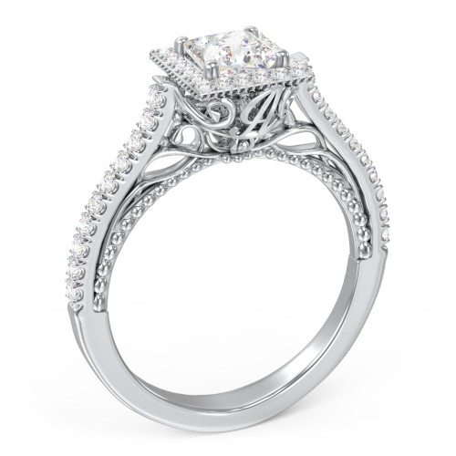 Classic Diamond Engagement Ring with Pave Accented Halo and Initial Setting - "The Brigitte" – 10K White Gold with Lab Diamond