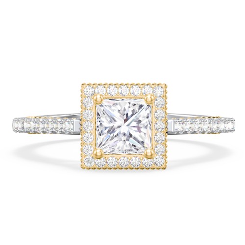 Classic Diamond Engagement Ring with Pave Accented Halo and Initial Setting - "The Brigitte" – 14K White Gold with Lab Diamond