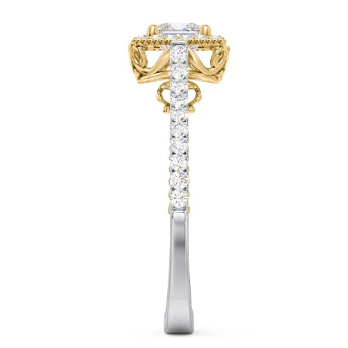 Classic Diamond Engagement Ring with Pave Accented Halo and Initial Setting - "The Brigitte" – 14K White Gold with Lab Diamond