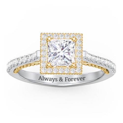 Classic Diamond Engagement Ring with Pave Accented Halo and Initial Setting - "The Brigitte" – 14K White Gold with Lab Diamond