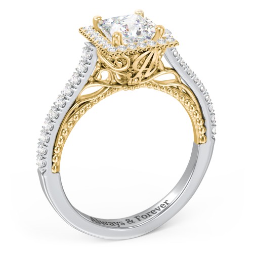 Classic Diamond Engagement Ring with Pave Accented Halo and Initial Setting - "The Brigitte" – 14K White Gold with Lab Diamond