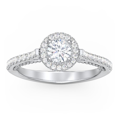 Classic Diamond Engagement Ring with Pave Accented Halo and Initial Setting - "The Brigitte" – 10K White Gold with Lab Diamond
