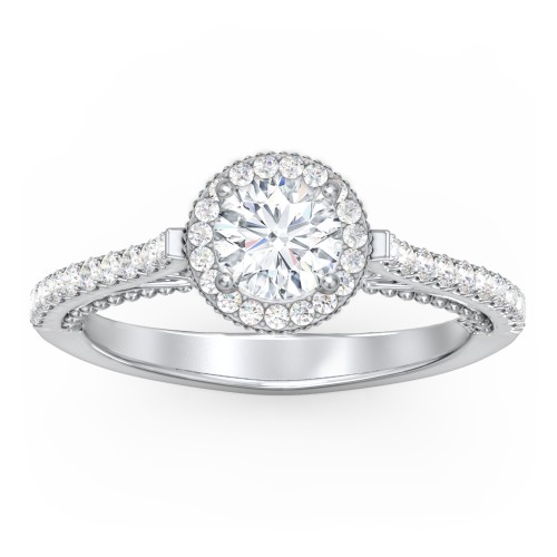 Classic Diamond Engagement Ring with Pave Accented Halo and Initial Setting - "The Brigitte" – 10K White Gold with Lab Diamond