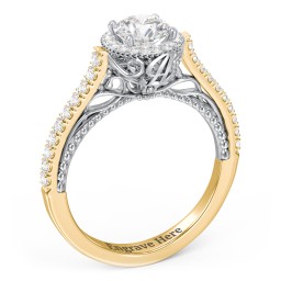 Classic Diamond Engagement Ring with Pave Accented Halo and Initial Setting - "The Brigitte" in 10K Solid Yellow Gold with 04LABDIAM-RD-0.70-SI1-F-VG and Lab Diamond