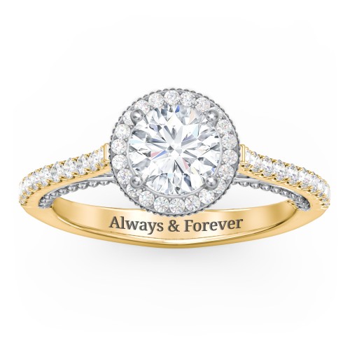 Classic Diamond Engagement Ring with Pave Accented Halo and Initial Setting - "The Brigitte" – 10K Yellow Gold with Lab Diamond