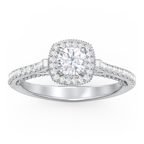 Classic Diamond Engagement Ring with Pave Accented Halo and Initial Setting - "The Brigitte" – 10K White Gold with Lab Diamond