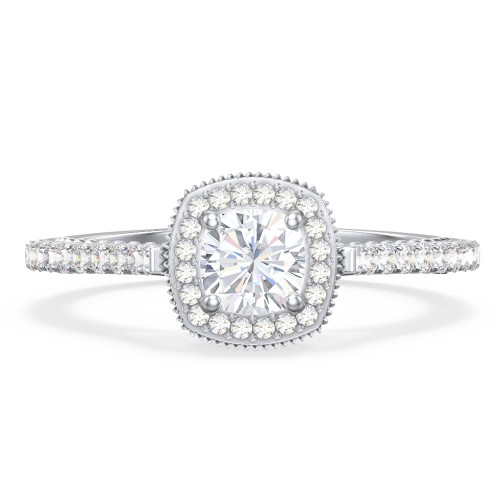 Classic Diamond Engagement Ring with Pave Accented Halo and Initial Setting - "The Brigitte" – 10K White Gold with Lab Diamond