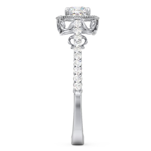 Classic Diamond Engagement Ring with Pave Accented Halo and Initial Setting - "The Brigitte" – 10K White Gold with Lab Diamond