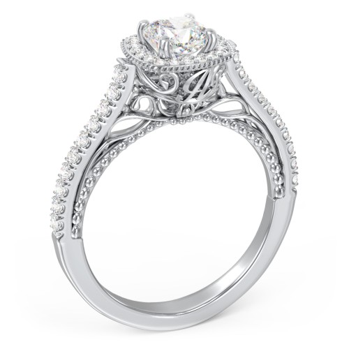 Classic Diamond Engagement Ring with Pave Accented Halo and Initial Setting - "The Brigitte" – 10K White Gold with Lab Diamond