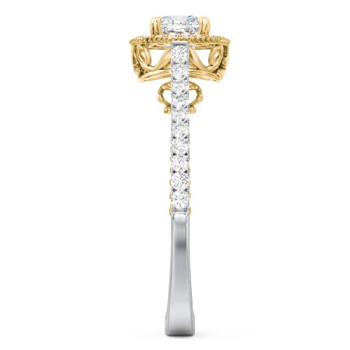 Classic Diamond Engagement Ring with Pave Accented Halo and Initial Setting - "The Brigitte" – 14K White Gold with Lab Diamond