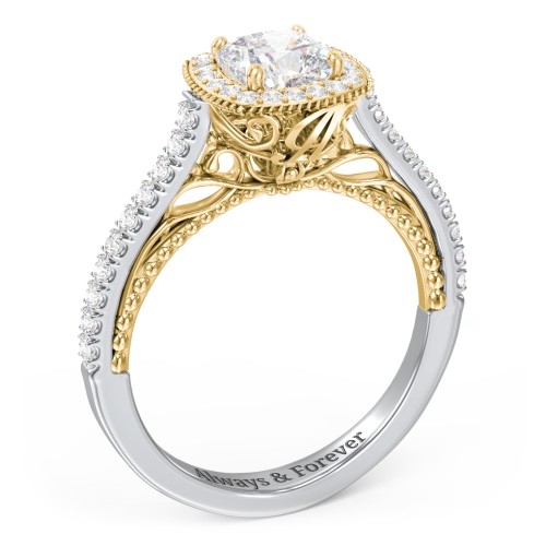 Classic Diamond Engagement Ring with Pave Accented Halo and Initial Setting - "The Brigitte" – 14K White Gold with Lab Diamond