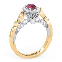 Vintage Diamond Engagement Ring with Accents and Halo Setting - "The Audrey" in 10K Solid Yellow Gold with 07RUBY-OV-0.50 and Lab Diamond