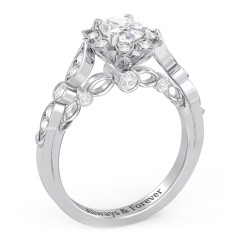 Vintage Solitaire Diamond Engagement Ring with Accents and Floral Setting - "The Audrey" – 14K White Gold with Lab Diamond