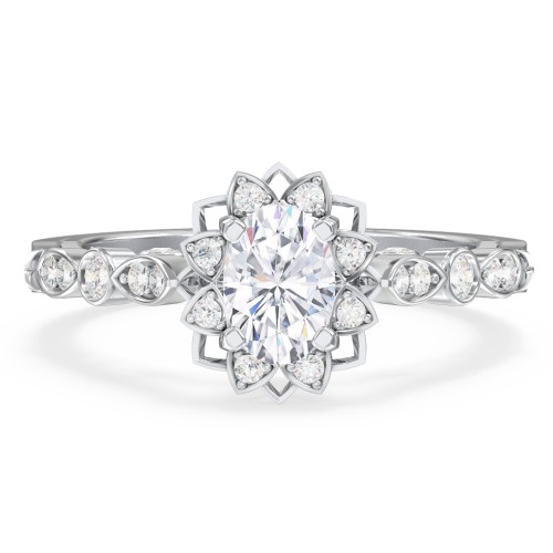Vintage Solitaire Diamond Engagement Ring with Accents and Floral Setting - "The Audrey" – 14K White Gold with Lab Diamond