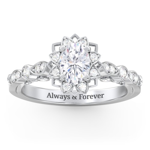 Vintage Solitaire Diamond Engagement Ring with Accents and Floral Setting - "The Audrey" – 14K White Gold with Lab Diamond