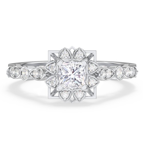 Vintage Solitaire Diamond Engagement Ring with Accents and Floral Setting - "The Audrey" – 10K White Gold with Lab Diamond