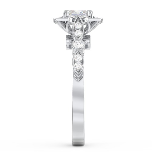 Vintage Solitaire Diamond Engagement Ring with Accents and Floral Setting - "The Audrey" – 10K White Gold with Lab Diamond