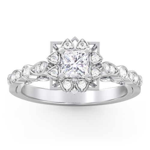 Vintage Solitaire Diamond Engagement Ring with Accents and Floral Setting - "The Audrey" – 10K White Gold with Lab Diamond