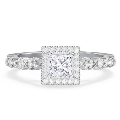 Vintage Diamond Engagement Ring with Accents and Halo Setting - "The Audrey" – 10K White Gold with Lab Diamond