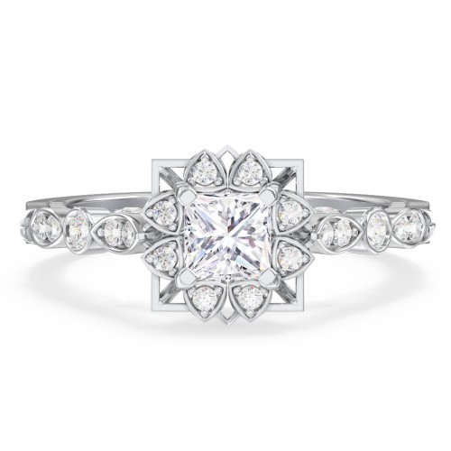 Vintage Solitaire Diamond Engagement Ring with Accents and Floral Setting - "The Audrey" – 10K White Gold with Lab Diamond