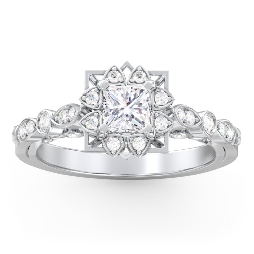 Vintage Solitaire Diamond Engagement Ring with Accents and Floral Setting - "The Audrey" – 10K White Gold with Lab Diamond