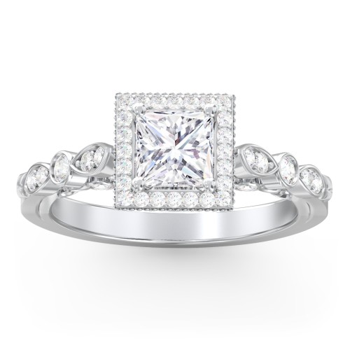 Vintage Diamond Engagement Ring with Accents and Halo Setting - "The Audrey" – 10K White Gold with Lab Diamond
