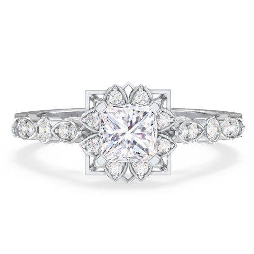 Vintage Solitaire Diamond Engagement Ring with Accents and Floral Setting - "The Audrey" – 10K White Gold with Lab Diamond