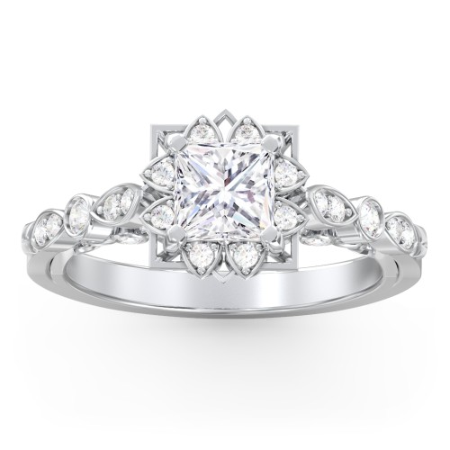 Vintage Solitaire Diamond Engagement Ring with Accents and Floral Setting - "The Audrey" – 10K White Gold with Lab Diamond