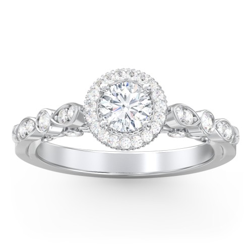 Vintage Diamond Engagement Ring with Accents and Halo Setting - "The Audrey" – 10K White Gold with Lab Diamond