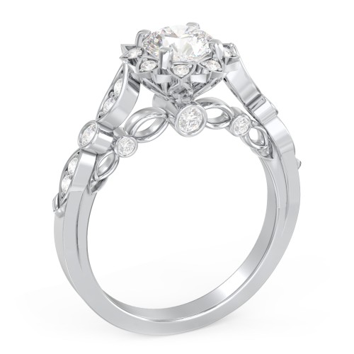 Vintage Solitaire Diamond Engagement Ring with Accents and Floral Setting - "The Audrey"