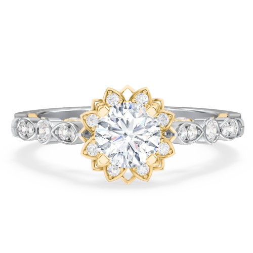 Vintage Solitaire Diamond Engagement Ring with Accents and Floral Setting - "The Audrey" – 14K White Gold with Lab Diamond