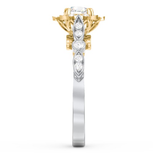 Vintage Solitaire Diamond Engagement Ring with Accents and Floral Setting - "The Audrey" – 14K White Gold with Lab Diamond