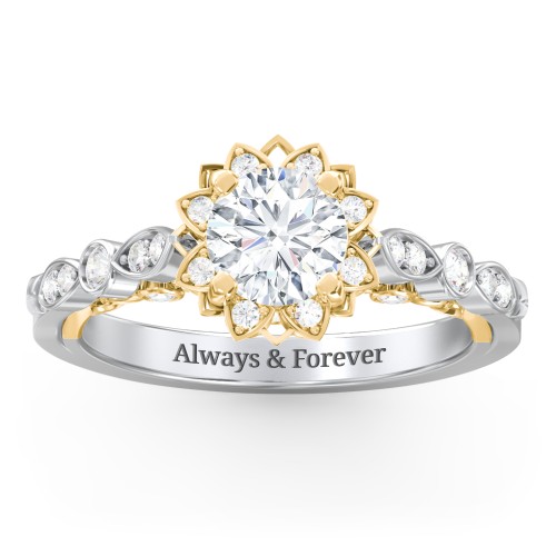 Vintage Solitaire Diamond Engagement Ring with Accents and Floral Setting - "The Audrey" – 14K White Gold with Lab Diamond
